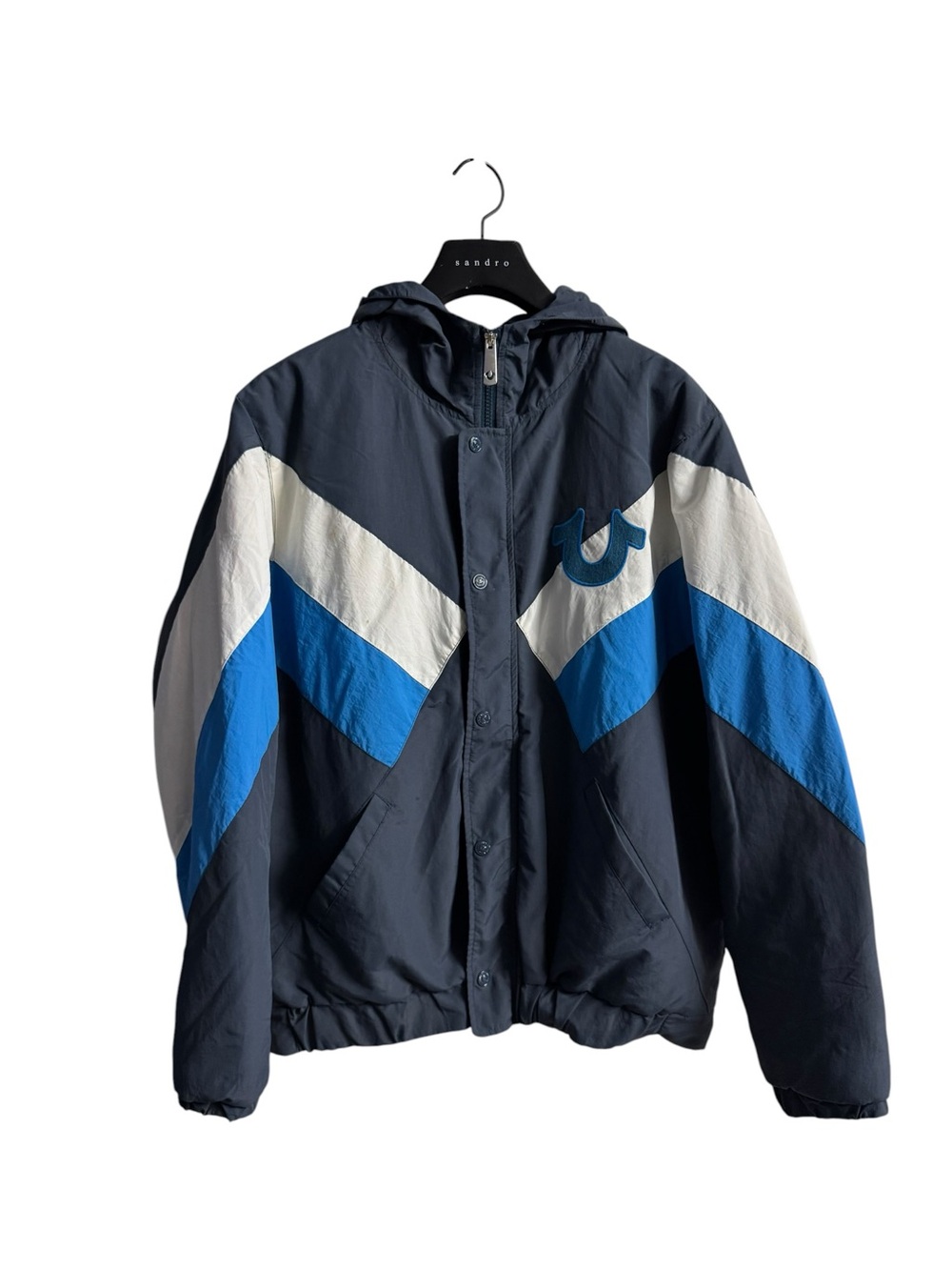 True Religion Navy, Royal Blue & White Chevron Windbreaker Jacket